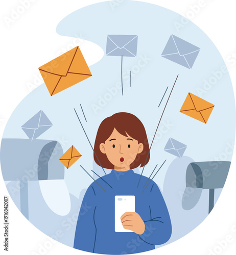 Overwhelmed woman receives excessive email notifications while looking at her smartphone screen