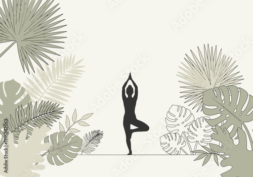 Silhouette of a person performing a tree pose amidst lush tropical foliage creating a serene and balanced natural environment for wellness and