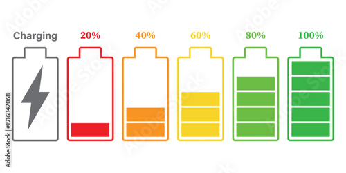 Battery status icons charging and percentage levels vector illustration.