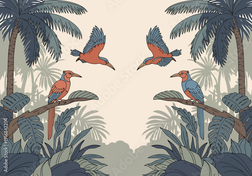 Exotic Jungle Scene With Tropical Palms And Colorful Birds Perching And Flying Amidst Lush Foliage Detailed Vintage Style Illustration