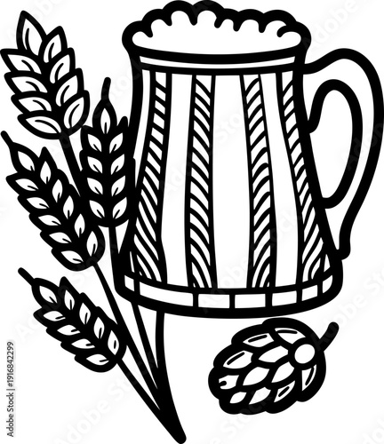 Vintage beer mug with foam and barley ears, hop cone illustration in black and white outline