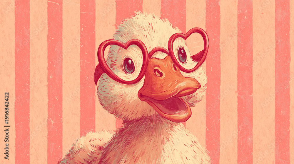 © Zanna - Vintage children illustration of cute duck wearing heart shaped glasses on striped pastel background, playful romantic character art for valentine greeting cards posters and nursery decor