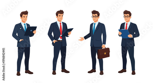 Four illustrations of a businessman in a suit with various poses