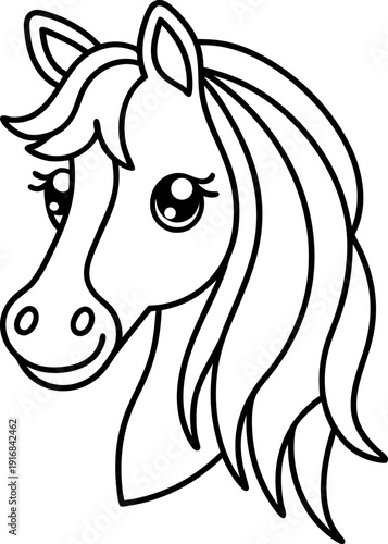 Cute horse head illustration with big eyes and flowing mane outline drawing