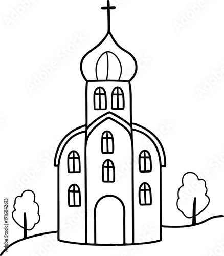 Simple line drawing of an orthodox church with onion dome and surrounding trees