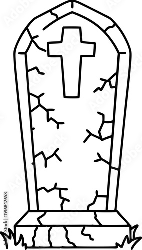 Old cracked tombstone with cross symbol weathered grave monument standing on grassy ground