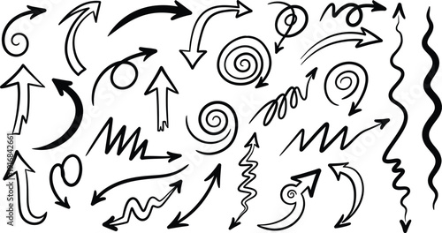Hand-drawn black arrow doodle pattern, sketchy curved, spiral and zigzag directional arrows, dynamic scribble lines, brainstorming marker drawing, abstract navigation symbols isolated on white