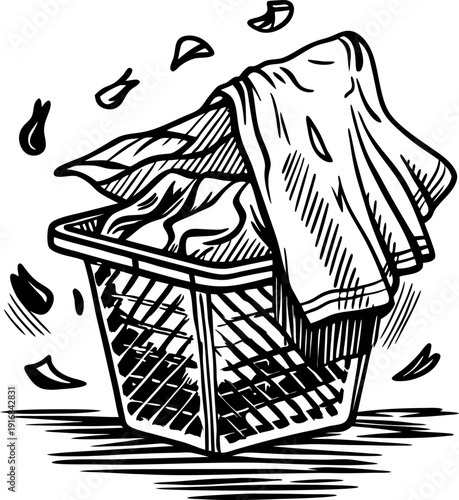 Laundry basket full of clothes with fabric falling out and loose pieces around, black and white sketch
