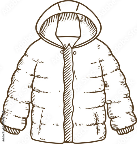Illustration of a padded winter jacket with hood and zipper closure