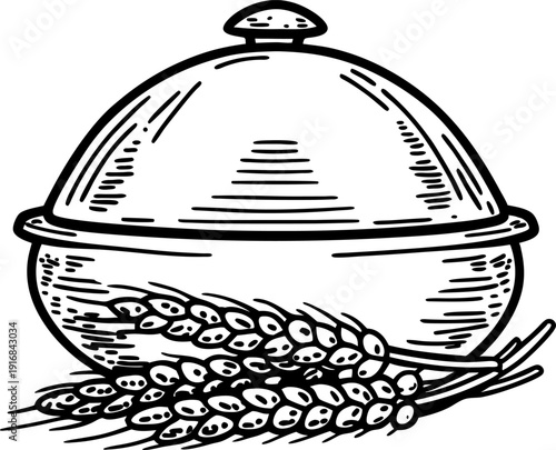 Covered serving dish with wheat ears vintage hand drawn kitchenware and grain symbols for food and dining design