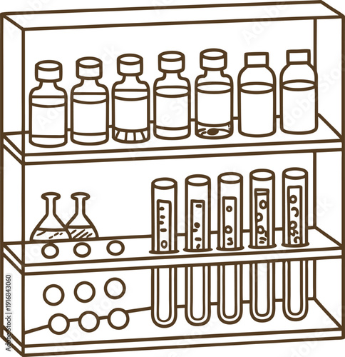 chemistry laboratory glassware set with bottles, test tubes, and flasks on rack illustration
