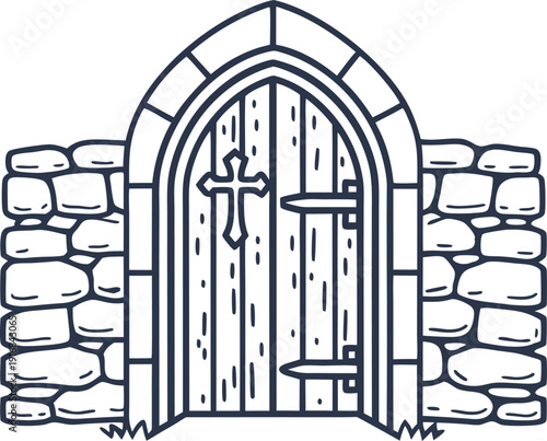 Old wooden arched door with cross in stone wall entrance medieval castle or church gateway