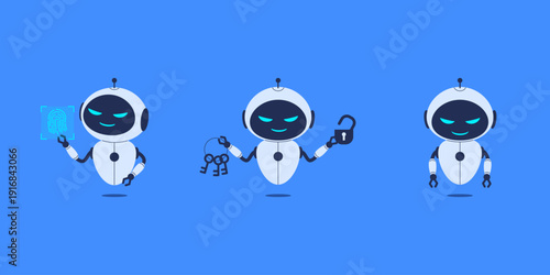 Minimalist robot set cybersecurity icons collection. Vector illustration for tech articles, presentations, security blogs