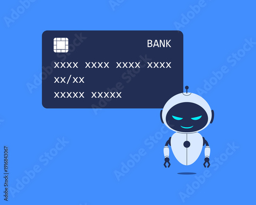 Minimalist robot character with credit card data theft concept. Vector illustration for cybersecurity articles, fintech blogs, presentations