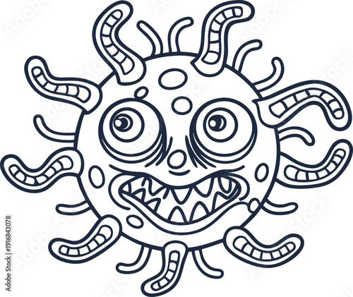germ character with exaggerated eyes and teeth, funny virus illustration, quirky microbe design