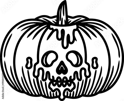 Halloween pumpkin with melting skull face design creepy spooky jack o' lantern for autumn horror decoration