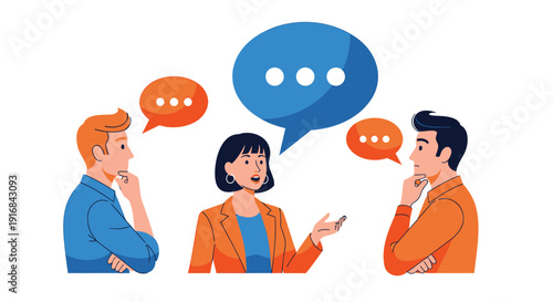 Flat design people discussing ideas with speech bubbles, conversation concept. Includes business meeting, teamwork, and communication symbols. Created in modern style with colorful palette.
