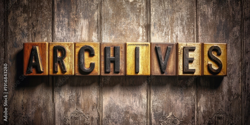 Obraz premium The Archives Word Composed From Vintage Letterpress Blocks On Rustic Wooden Background