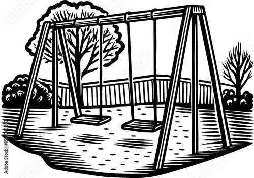 Children's playground swing set with two seats in park surrounded by trees and bushes