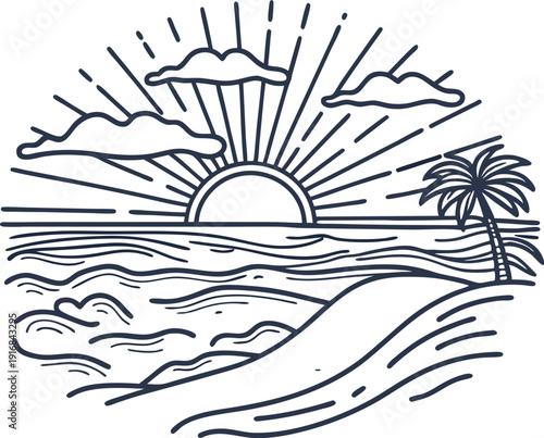 Sunset over ocean beach with palm tree and clouds minimalist line art illustration