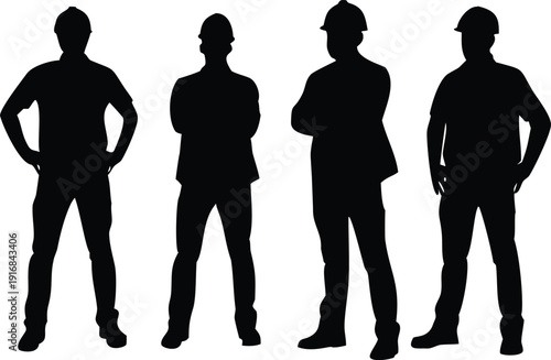 Four firefighter silhouettes standing in a row against a white background silhouette