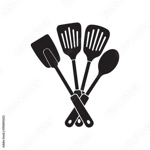 Set of kitchen utensils including spatula spoon and turners isolated