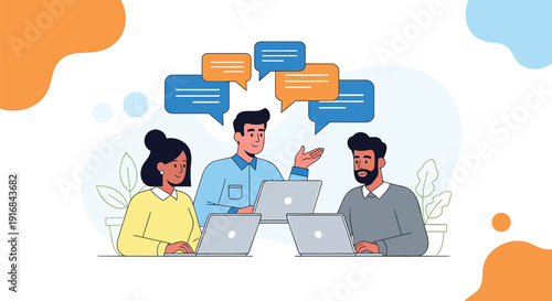 Business team collaboration vector illustration. Includes people working on laptops with speech bubbles. Created in modern flat style with colorful palette.