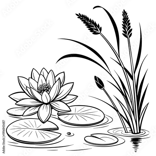 Elegant black and white sketch of a blooming water lily surrounded by reeds and lily pads in calm water, symbolizing serenity and nature's beauty.