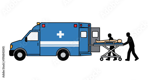 Emergency medical team loading a patient into an ambulance on a stretcher, a vital healthcare response moment, depicted in a flat vector silhouette illustration