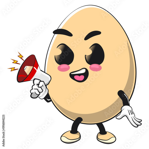 cute egg mascot character shouting with a loudspeaker, isolated vector illustration, work of hand drawn