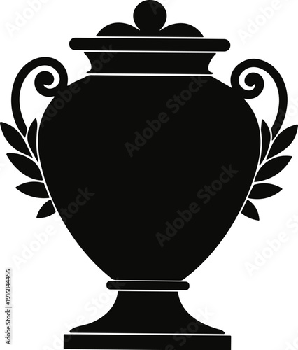 Antique Greek style trophy urn silhouette with decorative handles and laurel wreath for sports achievement award and classic victory concept