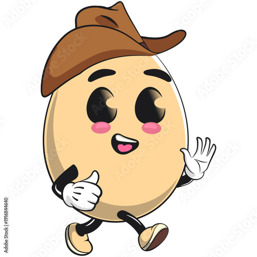 cute egg mascot character walking with wearing a cowboy hat, isolated vector illustration, work of hand drawn