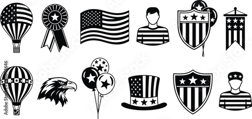 American, Patriotic, Icon, Set, Featuring, USA, Flag, Eagle, Uncle, Sam, Hat, Balloons, Shield, Ribbon, Black, and, White, Independence, Day, Vector