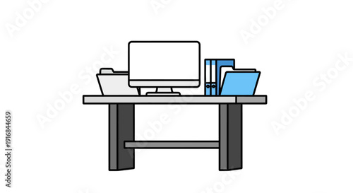 Modern office desk workspace with computer monitor, organized files, and documents in a clean flat design illustration