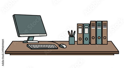 Desk with computer, keyboard, mouse, pens, and document binders on a wooden surface, vector illustration