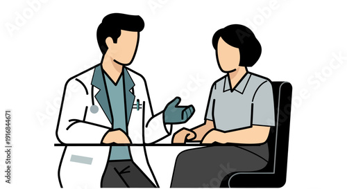 Professional male doctor consults with female patient, discussing health issues and providing medical advice during a clinic visit illustration