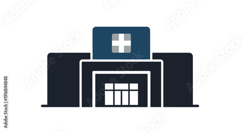 Illustration of a dark blue hospital building with a white and blue cross symbol above the entrance, representing healthcare and medical services