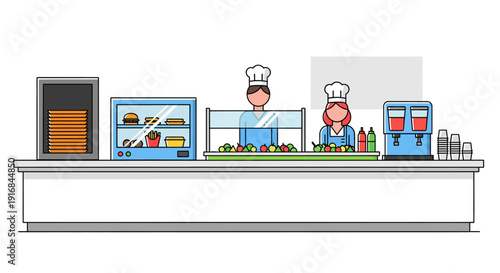 Flat vector illustration of a cafeteria food service counter. Chef and server offer fresh meals, snacks, and drinks in a clean, organized modern dining environment