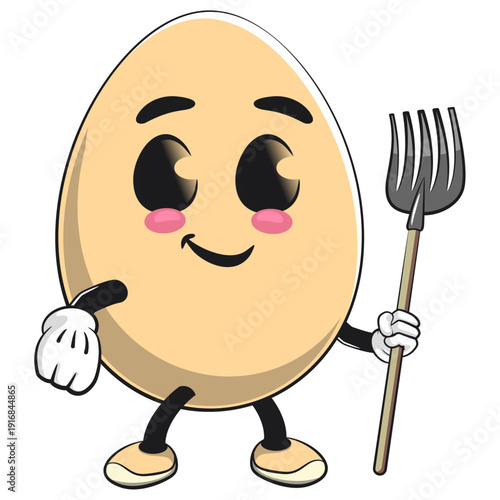 cute egg mascot character as farmer in hat with fork, isolated vector illustration, work of hand drawn