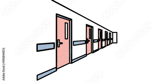 Modern vector graphic of a minimalist hallway featuring numerous closed doors, showcasing linear perspective and the architectural design of a functional indoor space