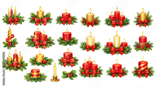 A charming watercolor collection of festive Christmas candles, including red and gold pillar candles, evergreen wreath bases, holly berries, glowing flames, and decorative ribbon bows.