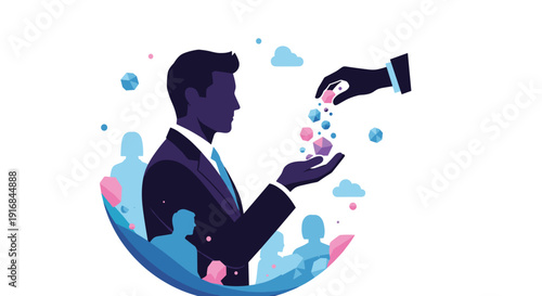 Silhouette of a businessman receiving colorful abstract geometric shapes from a hand, representing funding, innovation, or a valuable new technology.