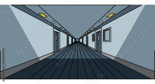 Stylized vector illustration of a long, empty corridor with strong linear perspective, featuring multiple closed doors and illuminated by ceiling lights, evoking a sense of depth and mystery