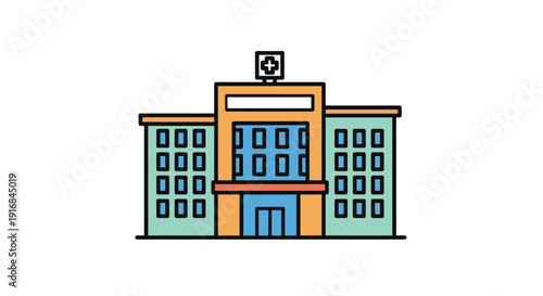 Hospital Building Facade with Windows and Entrance, Flat Design Illustration