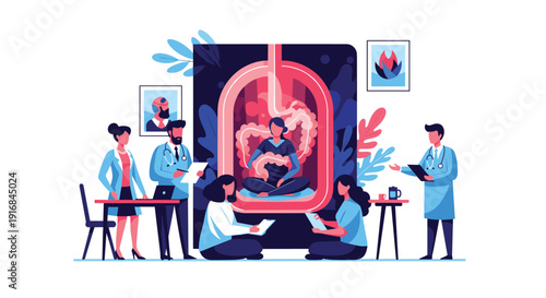 Medical professionals discuss the connection between mental wellness and digestive health, illustrated by a person meditating peacefully inside the human gut system.
