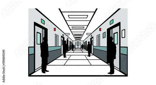 Flat vector illustration modern hospital corridor at night with dark human silhouettes. Brightly lit, sterile hallway suggests security and quiet vigilance in a medical facility entrance