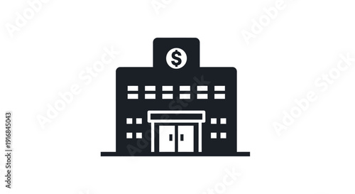 Minimalist black silhouette icon of a bank building, featuring a dollar sign symbol, representing financial institutions, money management, economic services, and modern business