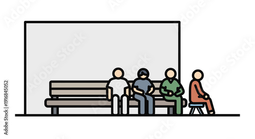 Waiting room scene depicting a diverse group of individuals seated on a bench and chair