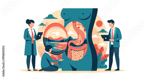 Medical team analyzes the human digestive system, revealing a serene natural landscape inside, symbolizing the strong link between gut health and inner peace.