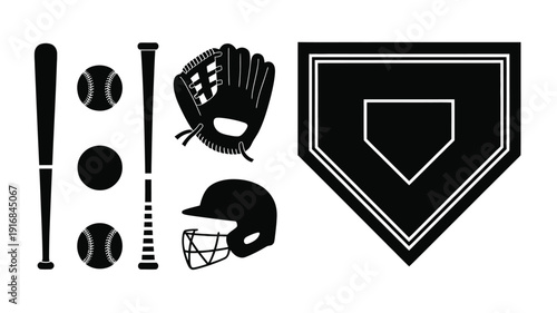 Baseball Equipment Black Silhouette Set. Bat, Ball, Glove, Helmet Objects. Vector Illustration